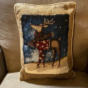 Vintage Style Reindeer Tapestry Throw Pillow Holiday Winter Decor